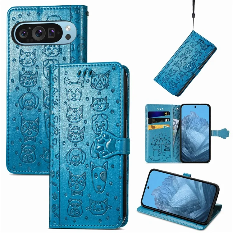 For Google Pixel 10 Pro / Pixel 10 / Pixel 9 Pro / Pixel 9 Case Leather Wallet Flip Phone Cover Cute Cat Dog Pattern - Blue