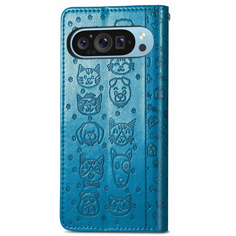 For Google Pixel 10 Pro / Pixel 10 / Pixel 9 Pro / Pixel 9 Case Leather Wallet Flip Phone Cover Cute Cat Dog Pattern - Blue