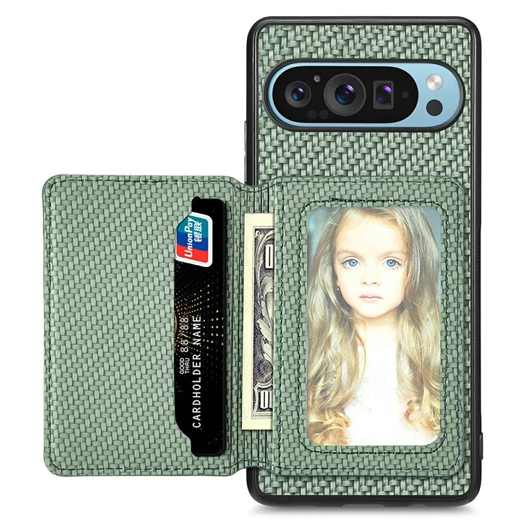Pour Google Pixel 9 / Pixel 9 Pro Case RFID Blocking Carte Solder en Fibre de Carbone en Cuir + pc + Couverture de Téléphone Tpu - Vert