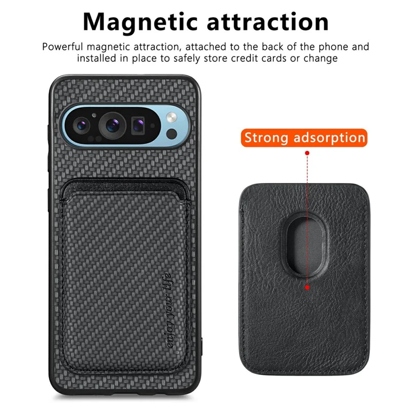 Para Google Pixel 9 / Pixel 9 Pro Case Fiber Fiber Fiber Fiber Tapa Trasera Con Bolsa de Tarjeta Desmontable - Negro