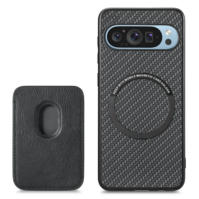 Para Google Pixel 9 / Pixel 9 Pro Case Fiber Fiber Fiber Fiber Tapa Trasera Con Bolsa de Tarjeta Desmontable - Negro