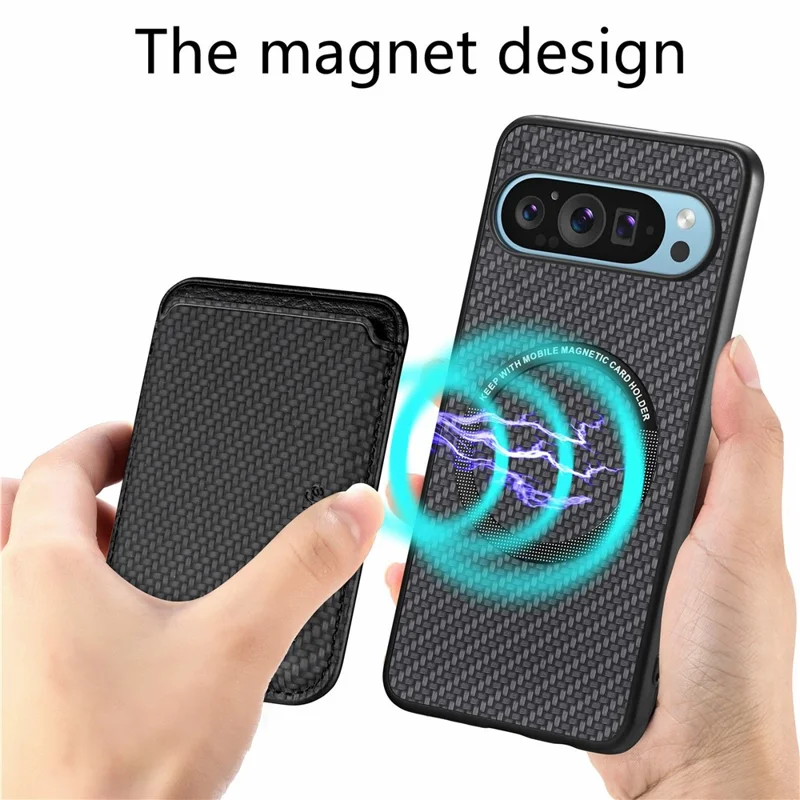 Para Google Pixel 9 / Pixel 9 Pro Case Fiber Fiber Fiber Fiber Tapa Trasera Con Bolsa de Tarjeta Desmontable - Negro