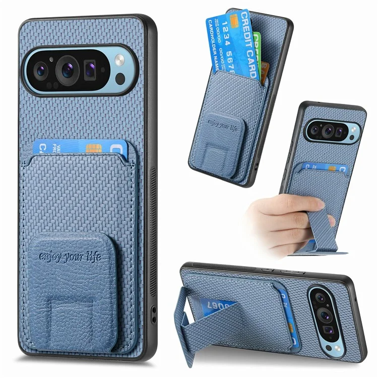 Para Google Pixel 9 / Pixel 9 Pro Case Case Tarner Fiber Textura de Fibra de Carbono Cubierta de Teléfono Con Recubrimiento de Cuero TPU - Azul