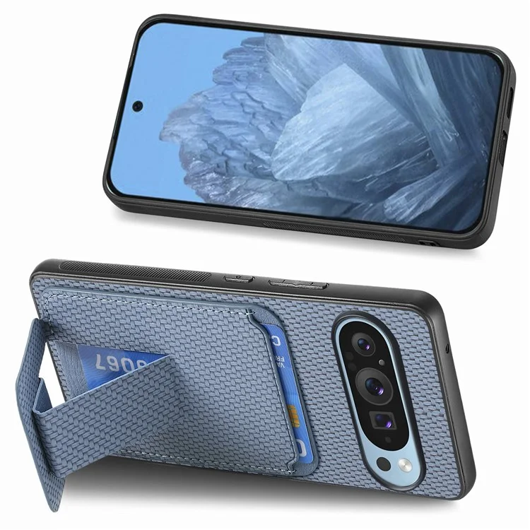 Para Google Pixel 9 / Pixel 9 Pro Case Case Tarner Fiber Textura de Fibra de Carbono Cubierta de Teléfono Con Recubrimiento de Cuero TPU - Azul