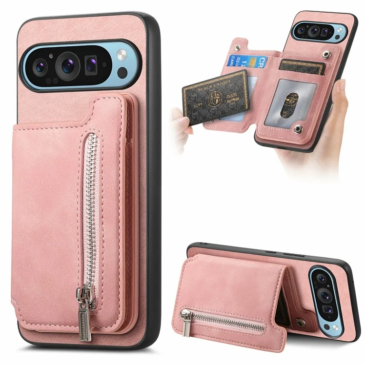 Para Google Pixel 9 / Pixel 9 Pro Case Magnetic Desallable Soporte de Tarjeta de Cremallera de Cuero+tpu Teléfono Cubierta - Rosa