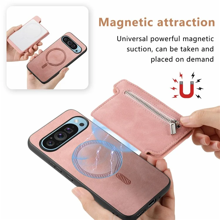 Para Google Pixel 9 / Pixel 9 Pro Case Magnetic Desallable Soporte de Tarjeta de Cremallera de Cuero+tpu Teléfono Cubierta - Rosa