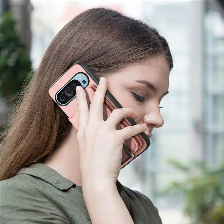 Para Google Pixel 9 / Pixel 9 Pro Case Magnetic Desallable Soporte de Tarjeta de Cremallera de Cuero+tpu Teléfono Cubierta - Rosa