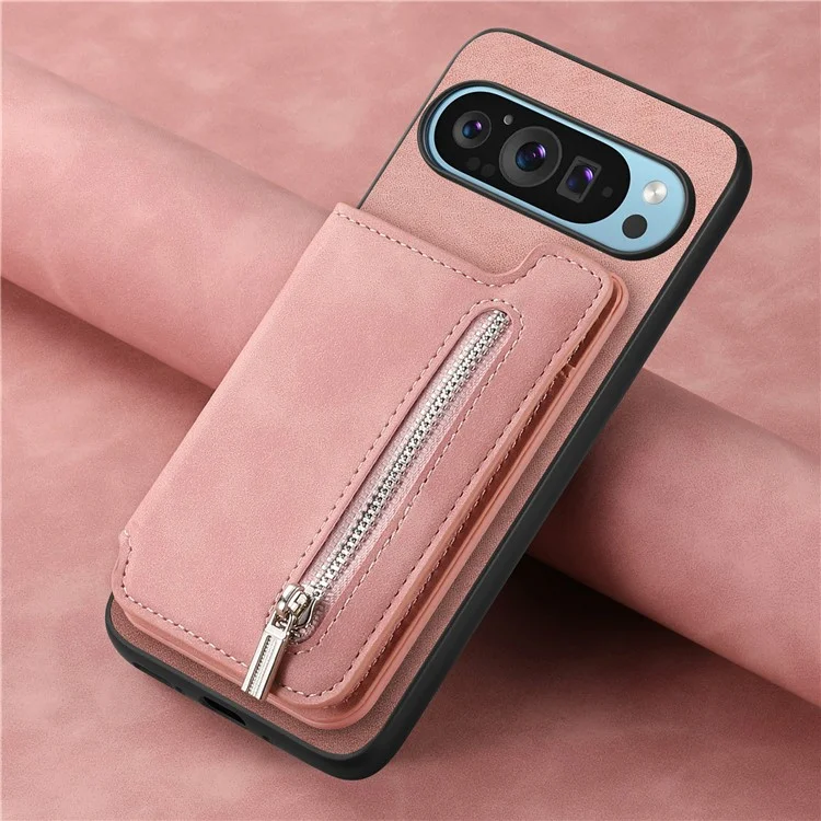 Para Google Pixel 9 / Pixel 9 Pro Case Magnetic Desallable Soporte de Tarjeta de Cremallera de Cuero+tpu Teléfono Cubierta - Rosa