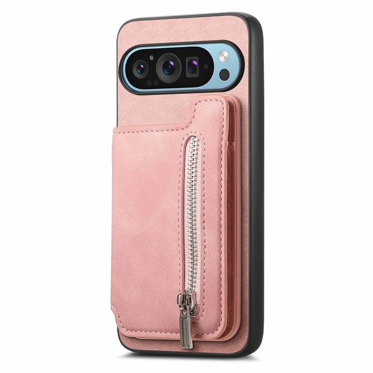 Para Google Pixel 9 / Pixel 9 Pro Case Magnetic Desallable Soporte de Tarjeta de Cremallera de Cuero+tpu Teléfono Cubierta - Rosa