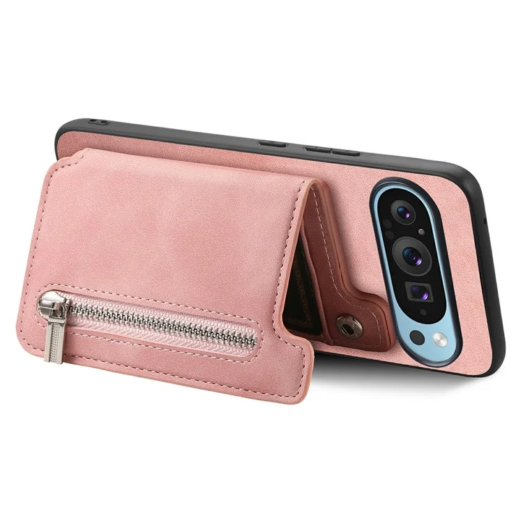 Para Google Pixel 9 / Pixel 9 Pro Case Magnetic Desallable Soporte de Tarjeta de Cremallera de Cuero+tpu Teléfono Cubierta - Rosa
