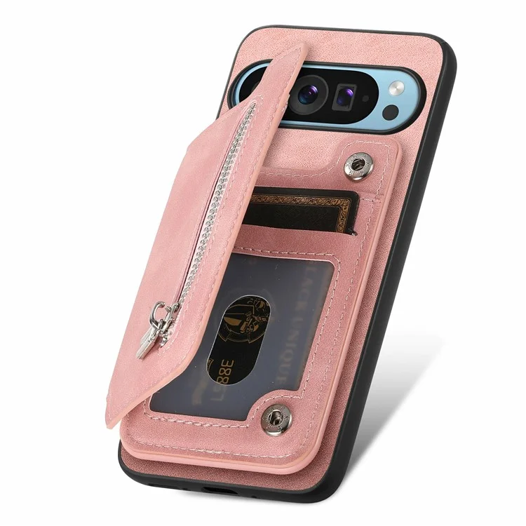Para Google Pixel 9 / Pixel 9 Pro Case Magnetic Desallable Soporte de Tarjeta de Cremallera de Cuero+tpu Teléfono Cubierta - Rosa