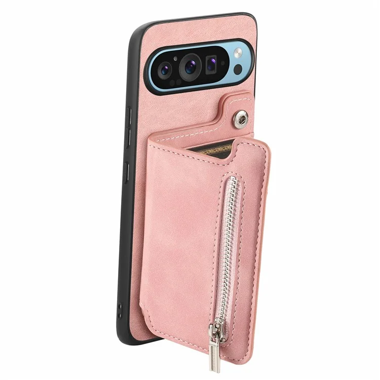 Para Google Pixel 9 / Pixel 9 Pro Case Magnetic Desallable Soporte de Tarjeta de Cremallera de Cuero+tpu Teléfono Cubierta - Rosa