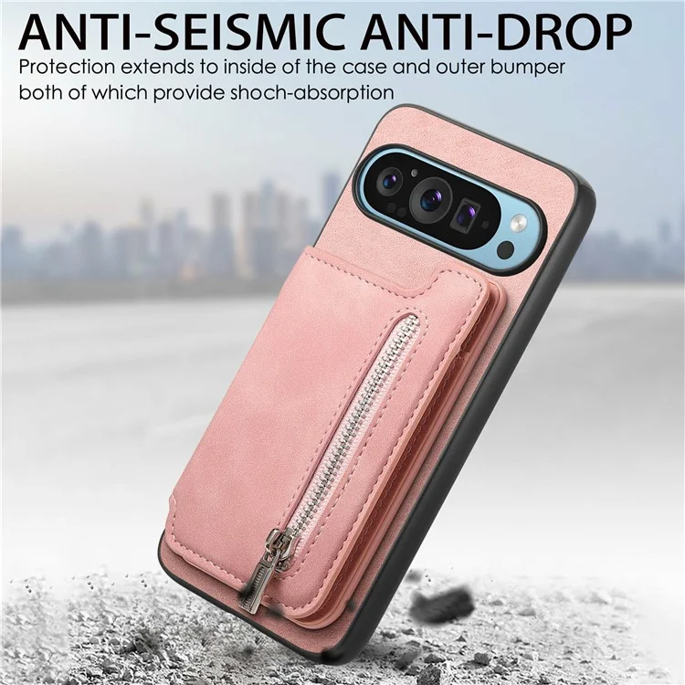 Para Google Pixel 9 / Pixel 9 Pro Case Magnetic Desallable Soporte de Tarjeta de Cremallera de Cuero+tpu Teléfono Cubierta - Rosa