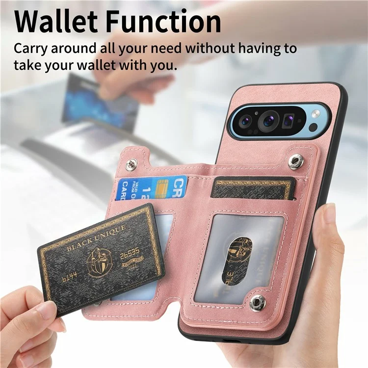 Para Google Pixel 9 / Pixel 9 Pro Case Magnetic Desallable Soporte de Tarjeta de Cremallera de Cuero+tpu Teléfono Cubierta - Rosa