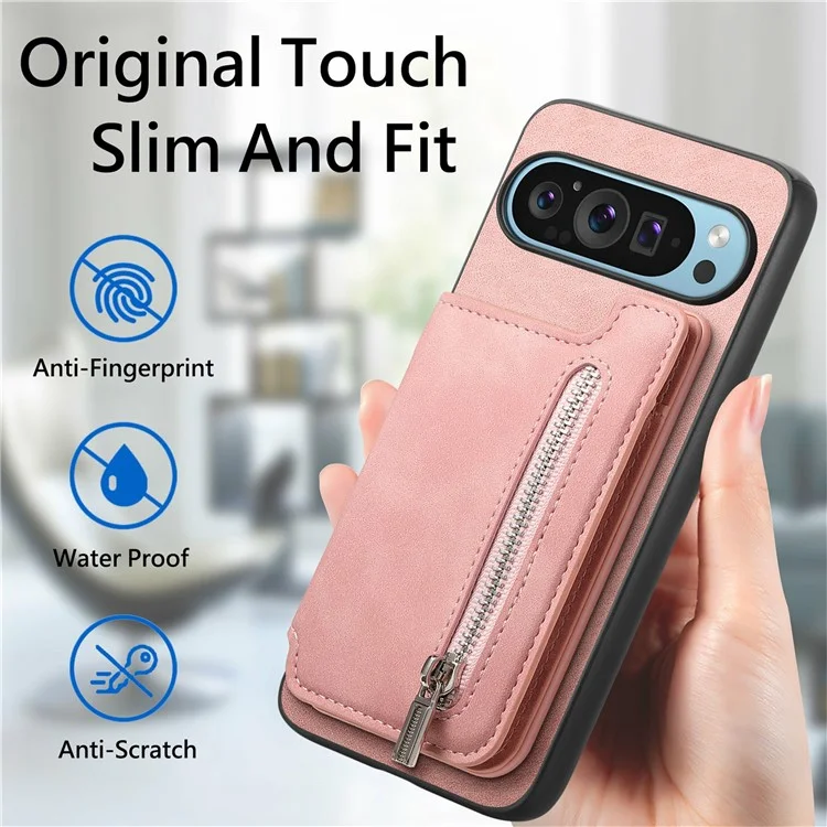Para Google Pixel 9 / Pixel 9 Pro Case Magnetic Desallable Soporte de Tarjeta de Cremallera de Cuero+tpu Teléfono Cubierta - Rosa