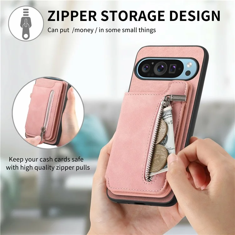 Para Google Pixel 9 / Pixel 9 Pro Case Magnetic Desallable Soporte de Tarjeta de Cremallera de Cuero+tpu Teléfono Cubierta - Rosa