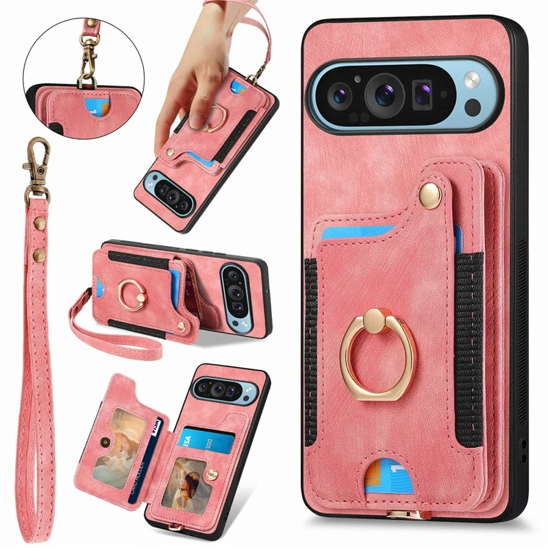 Für Google Pixel 9 / Pixel 9 Pro Case RFID Blockierende Handtasche Leder+tpu -telefonabdeckungskarten, Ringhalter - Rosa