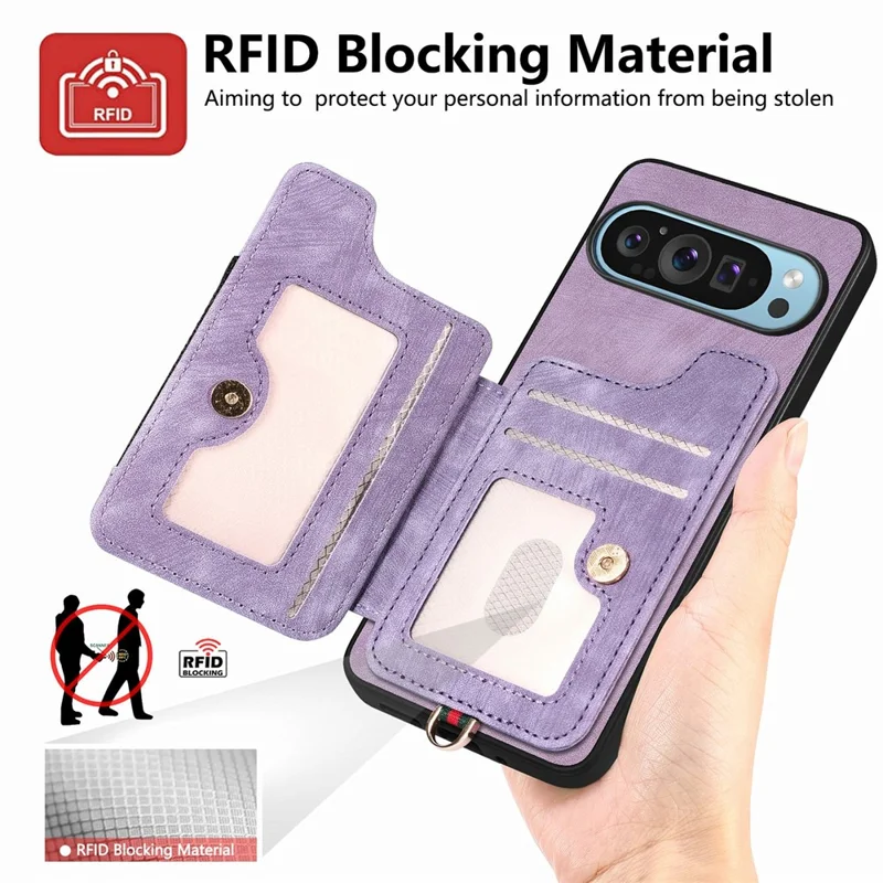 Für Google Pixel 9 / Pixel 9 Pro Case RFID Blockierende Handtasche Leder+tpu -telefonabdeckungskarten, Ringhalter - Rosa