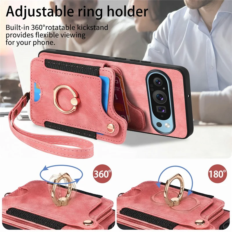 Für Google Pixel 9 / Pixel 9 Pro Case RFID Blockierende Handtasche Leder+tpu -telefonabdeckungskarten, Ringhalter - Rosa