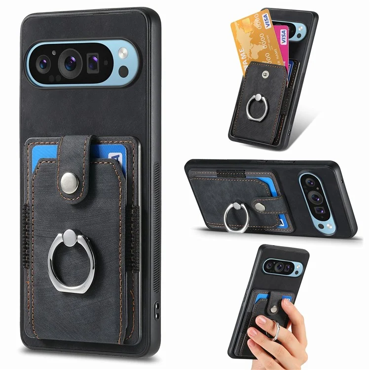 Per Google Pixel 9 / Pixel 9 Pro Case Kickstand in Pelle+slot di Copertina di Protezione Non Slip Tpu - Nero