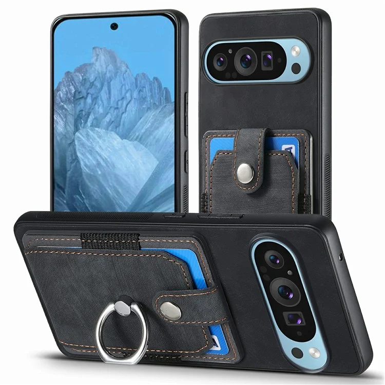 Per Google Pixel 9 / Pixel 9 Pro Case Kickstand in Pelle+slot di Copertina di Protezione Non Slip Tpu - Nero