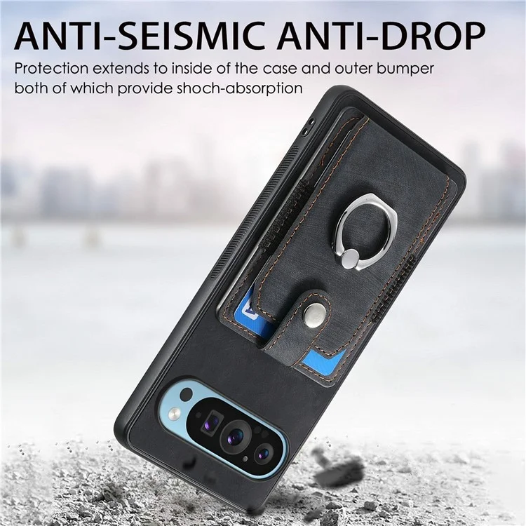 Per Google Pixel 9 / Pixel 9 Pro Case Kickstand in Pelle+slot di Copertina di Protezione Non Slip Tpu - Nero