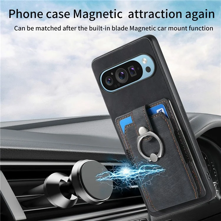 Per Google Pixel 9 / Pixel 9 Pro Case Kickstand in Pelle+slot di Copertina di Protezione Non Slip Tpu - Nero