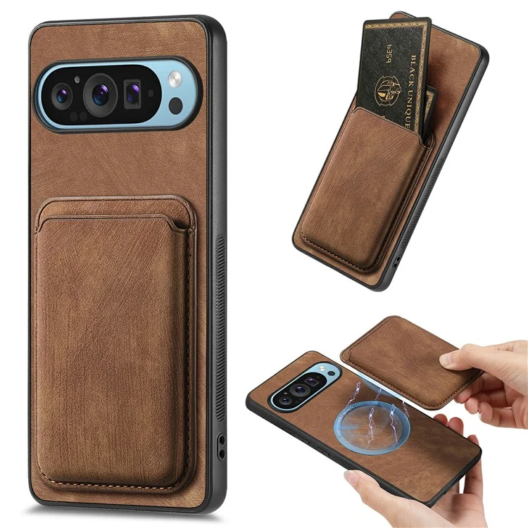 For Google Pixel 9 / Pixel 9 Pro Case Compatible with MagSafe Leather Back Cover with Detachable Card Holder - Brown