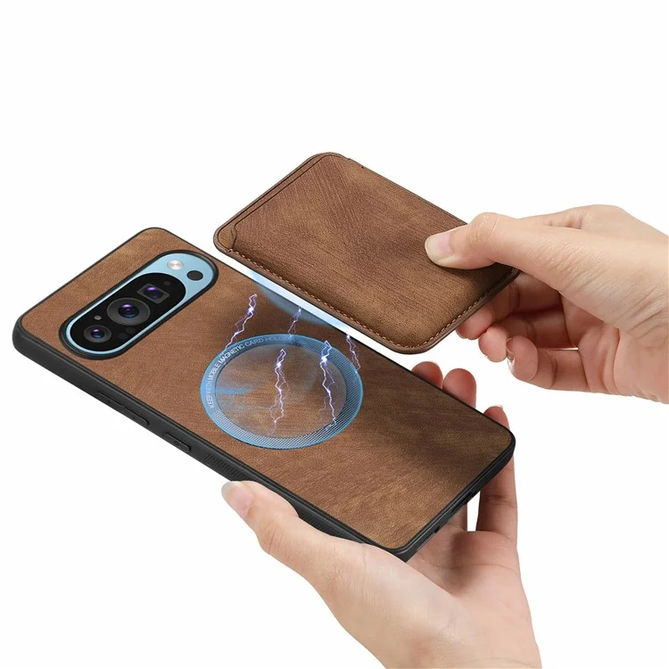 For Google Pixel 9 / Pixel 9 Pro Case Compatible with MagSafe Leather Back Cover with Detachable Card Holder - Brown