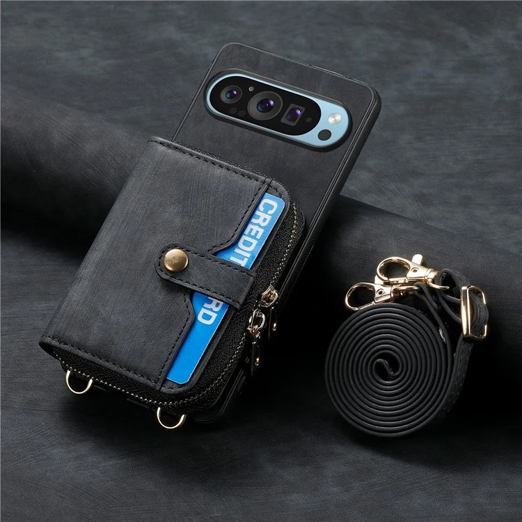 Pour Google Pixel 9 / Pixel 9 Pro Case de Carte à Glissière Holder pu Leather Téléphone Couvercle Arrière Avec Sangle Longue - Noir