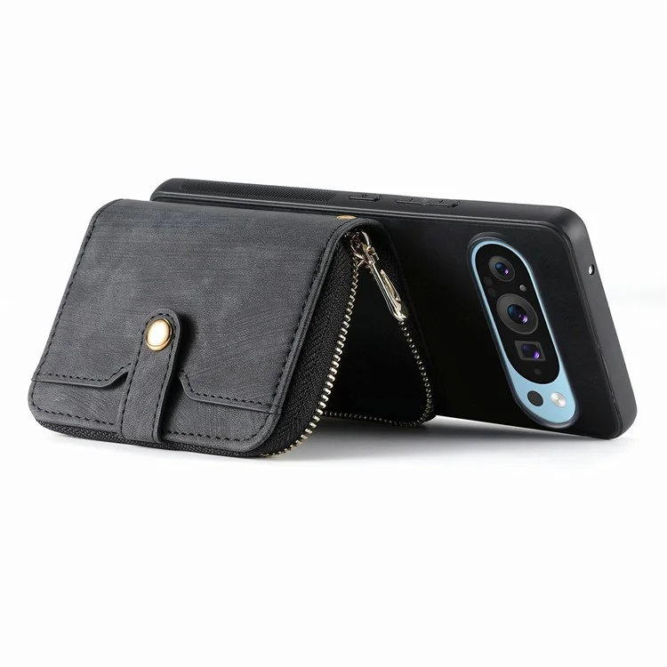 Pour Google Pixel 9 / Pixel 9 Pro Case de Carte à Glissière Holder pu Leather Téléphone Couvercle Arrière Avec Sangle Longue - Noir