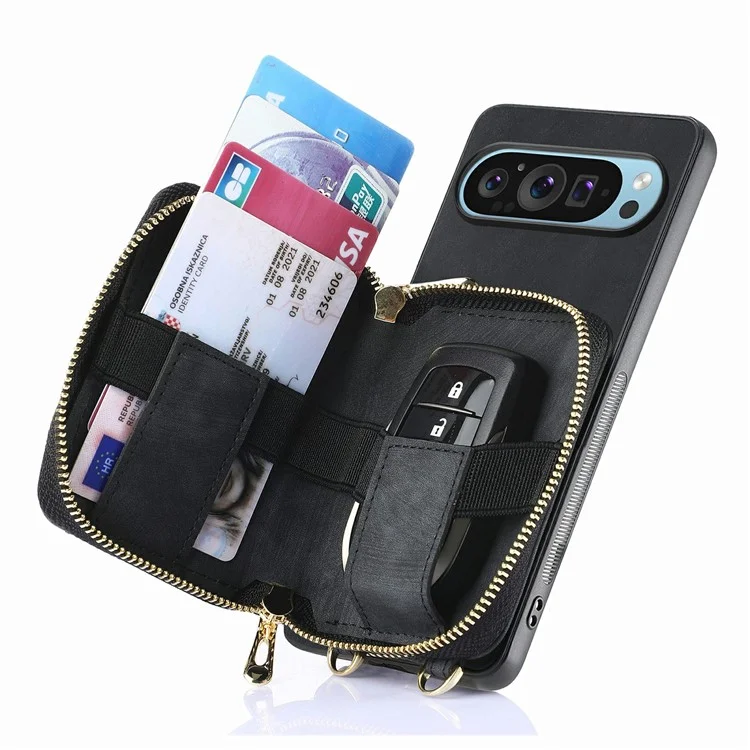 Pour Google Pixel 9 / Pixel 9 Pro Case de Carte à Glissière Holder pu Leather Téléphone Couvercle Arrière Avec Sangle Longue - Noir