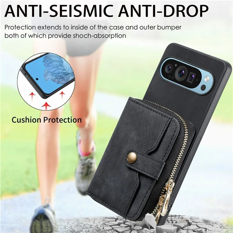 Pour Google Pixel 9 / Pixel 9 Pro Case de Carte à Glissière Holder pu Leather Téléphone Couvercle Arrière Avec Sangle Longue - Noir