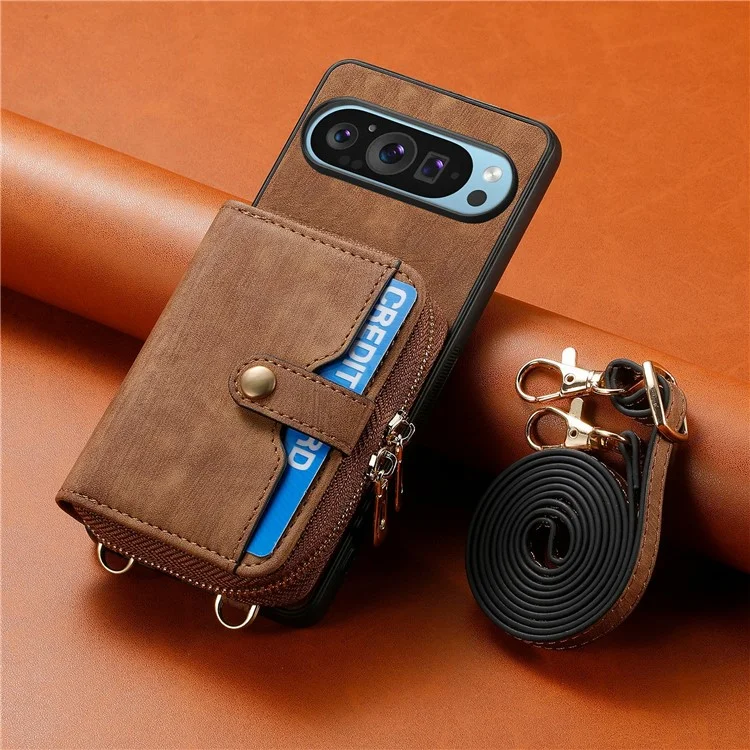 For Google Pixel 9 / Pixel 9 Pro Case Zipper Card Holder PU Leather Phone Back Cover with Long Strap - Brown