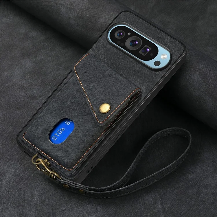 For Google Pixel 9 / Pixel 9 Pro Case with Card Slot Kickstand Leather TPU Phone Cover - Black