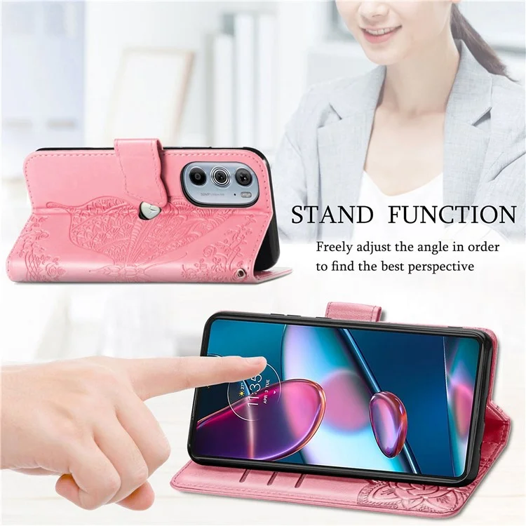 Pour Motorola Edge 30 Pro / Edge + (2022) Étui de Porte-support en Cuir PU Résistant Aux Chutes - Rose