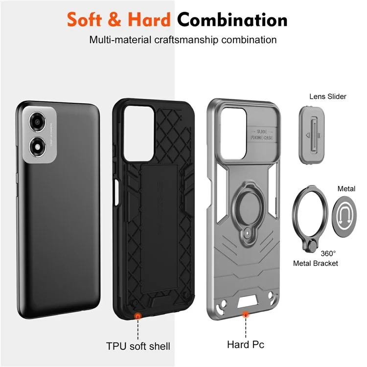 Per Motorola Moto E14 4G Slide Case Camshield Kickstand Pc+copertina Telefonica Tpu - Grigio