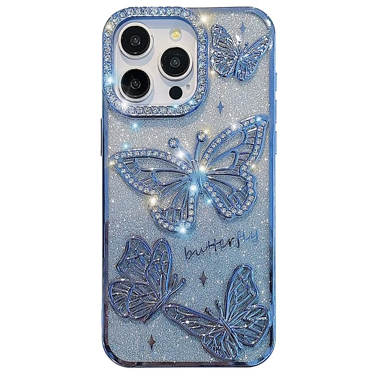 Para Iphone 16 Pro Case Rhinestones Decor 3D Butterfly Tpu Telephip Cover Con Papel Brillo - Azul