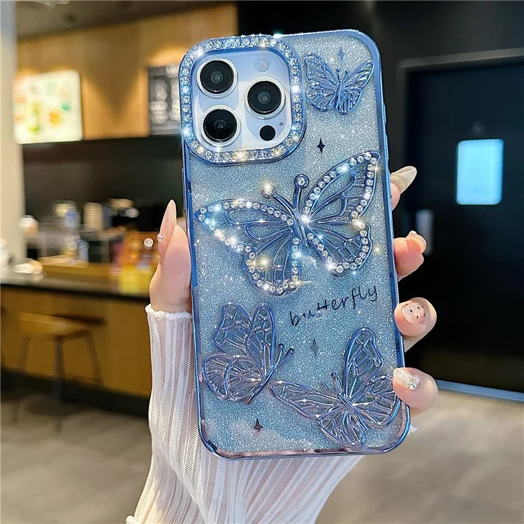 Para Iphone 16 Pro Case Rhinestones Decor 3D Butterfly Tpu Telephip Cover Con Papel Brillo - Azul