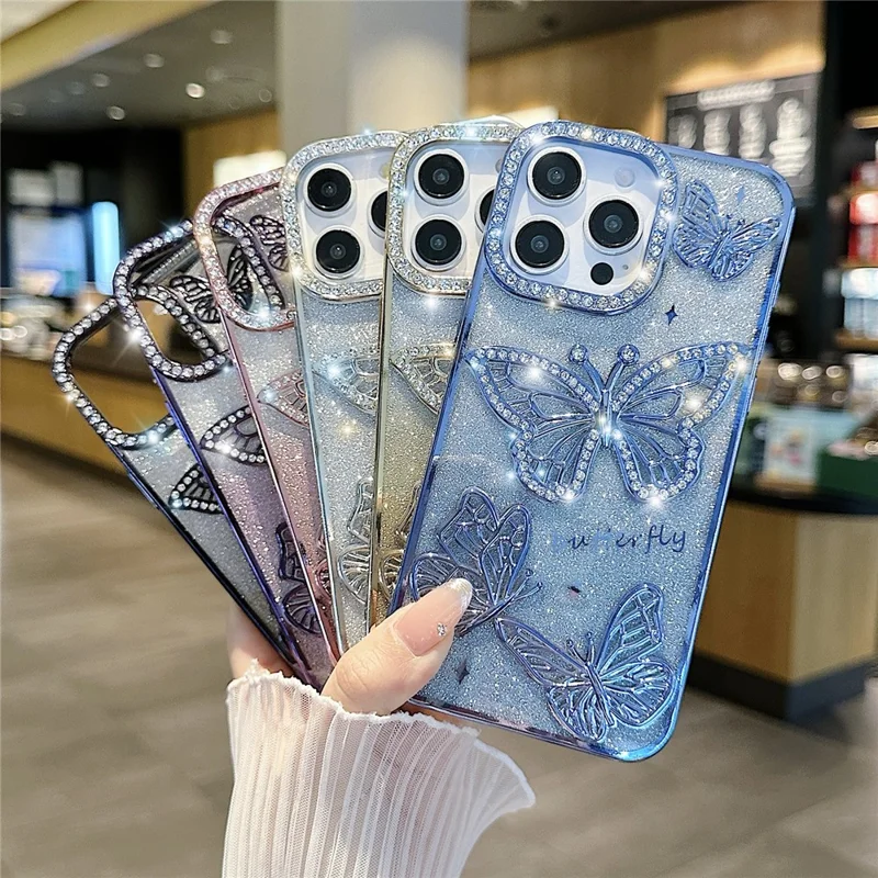 For iPhone 16 Pro Max Case Rhinestones Decor 3D Butterfly TPU Phone Cover with Glitter Paper - Blue