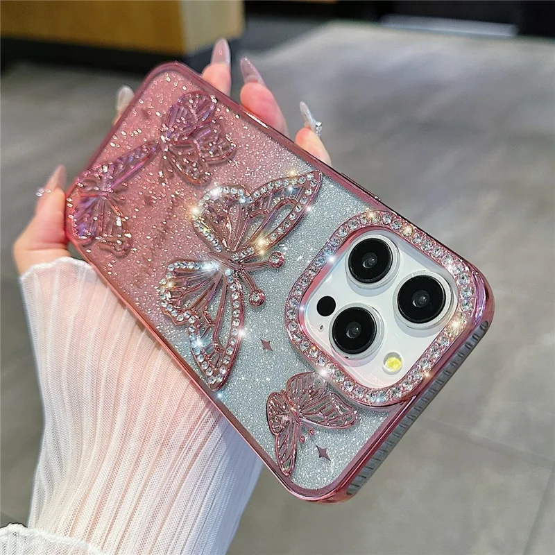 For iPhone 16 Pro Max Case Rhinestones Decor 3D Butterfly TPU Phone Cover with Glitter Paper - Pink