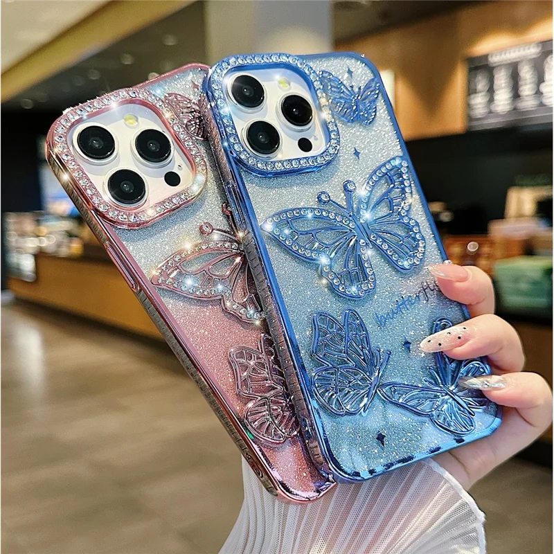 For iPhone 16 Pro Max Case Rhinestones Decor 3D Butterfly TPU Phone Cover with Glitter Paper - Pink