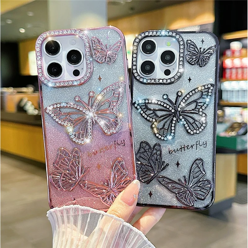 For iPhone 16 Pro Max Case Rhinestones Decor 3D Butterfly TPU Phone Cover with Glitter Paper - Pink