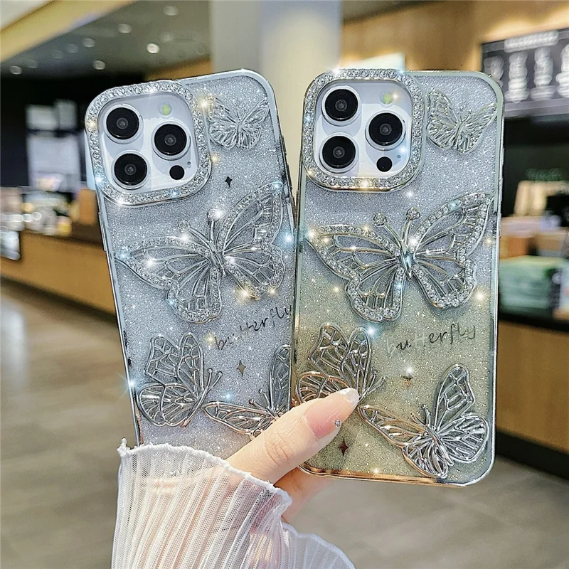 For iPhone 16 Pro Max Case Rhinestones Decor 3D Butterfly TPU Phone Cover with Glitter Paper - Pink