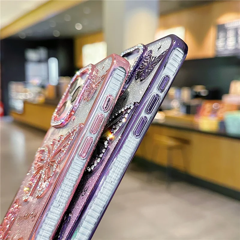 For iPhone 16 Pro Max Case Rhinestones Decor 3D Butterfly TPU Phone Cover with Glitter Paper - Pink