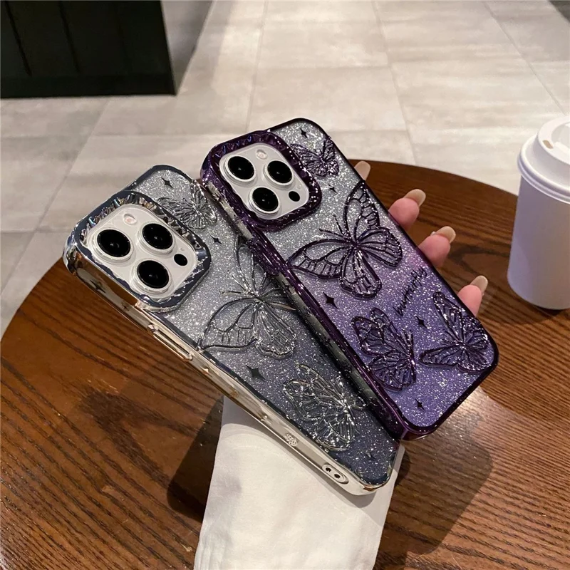 For iPhone 16 Pro Max Case 3D Butterfly TPU Phone Cover with Gradient Glitter Paper - Purple