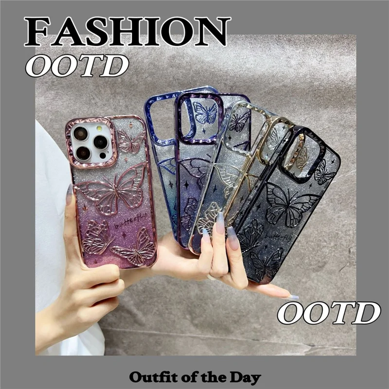 For iPhone 16 Pro Max Case 3D Butterfly TPU Phone Cover with Gradient Glitter Paper - Purple