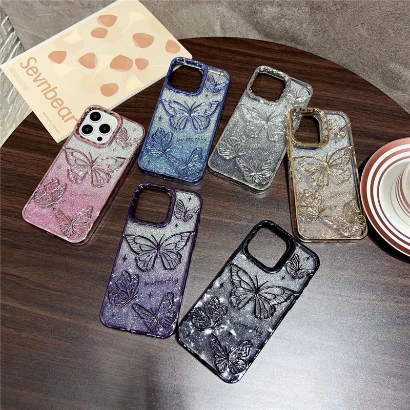 For iPhone 16 Pro Max Case 3D Butterfly TPU Phone Cover with Gradient Glitter Paper - Purple