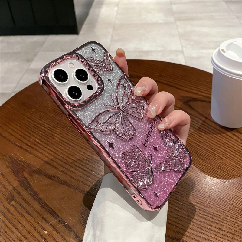 For iPhone 16 Pro Max Case 3D Butterfly TPU Phone Cover with Gradient Glitter Paper - Pink