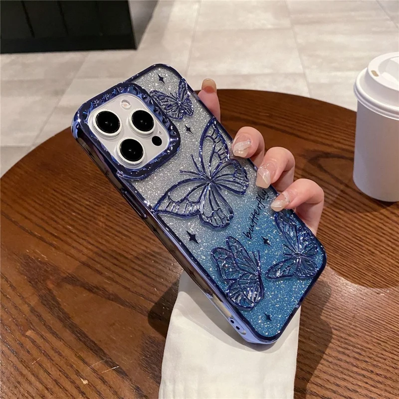 Für Iphone 16 Pro Case 3D Butterfly TPU -telefonabdeckung Mit Gradientenglitterpapier - Blau